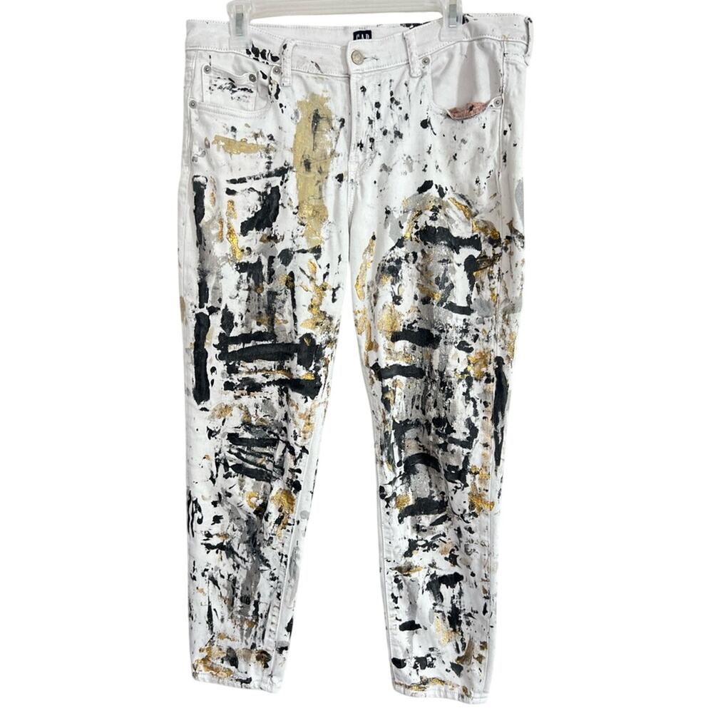Men’s Gap White Denim Jeans black, white, and gold abstract paint splatter 31x26